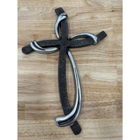Faux Metal Wall Cross 13x9 Inch Christian Decor Brown Silver Farmhouse Style - Picture 5 of 13